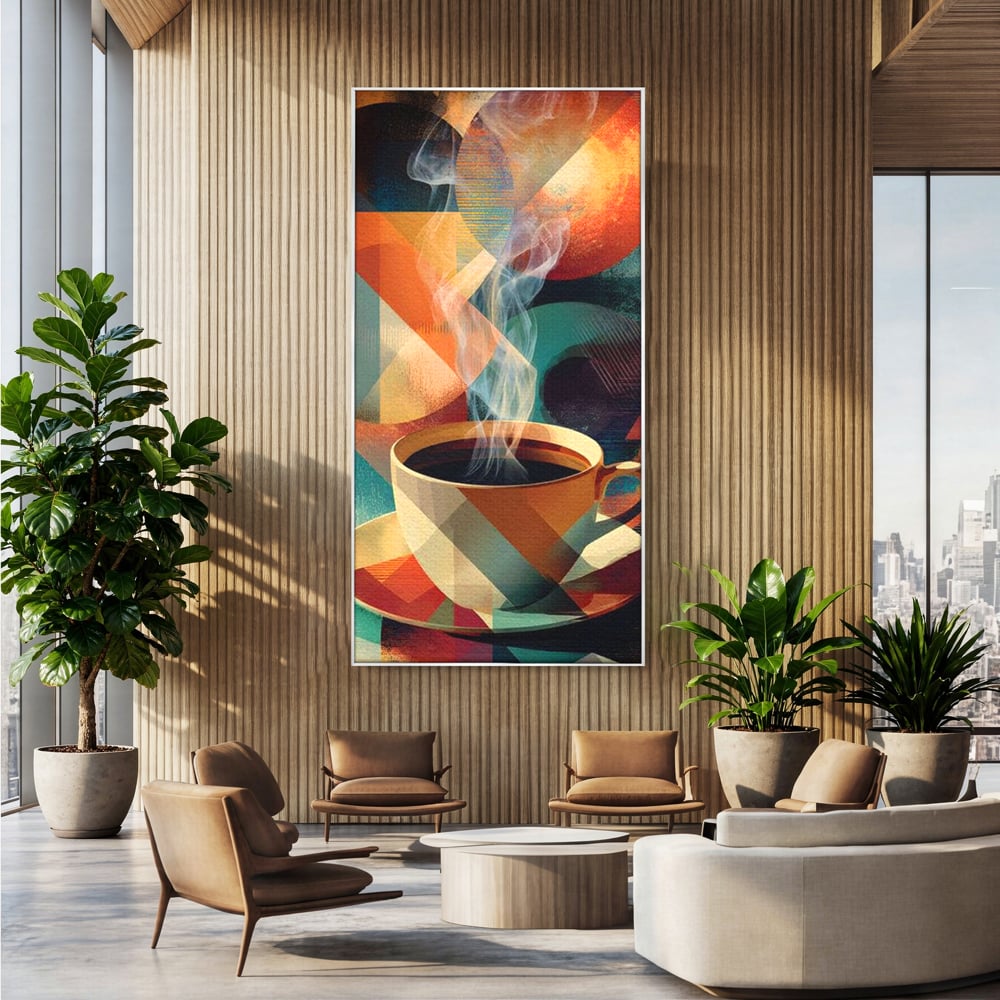 Tablou canvas cu ilustratie abstracta cu ceasca de cafea, in rama de aluminiu argintiu, pe perete intr-un birou